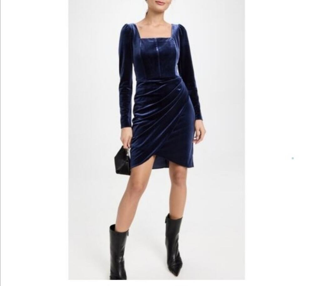 Shoshanna Women's Navy Blue Velvet Long Sleeve Rushed Mini Dress Evening Size 4